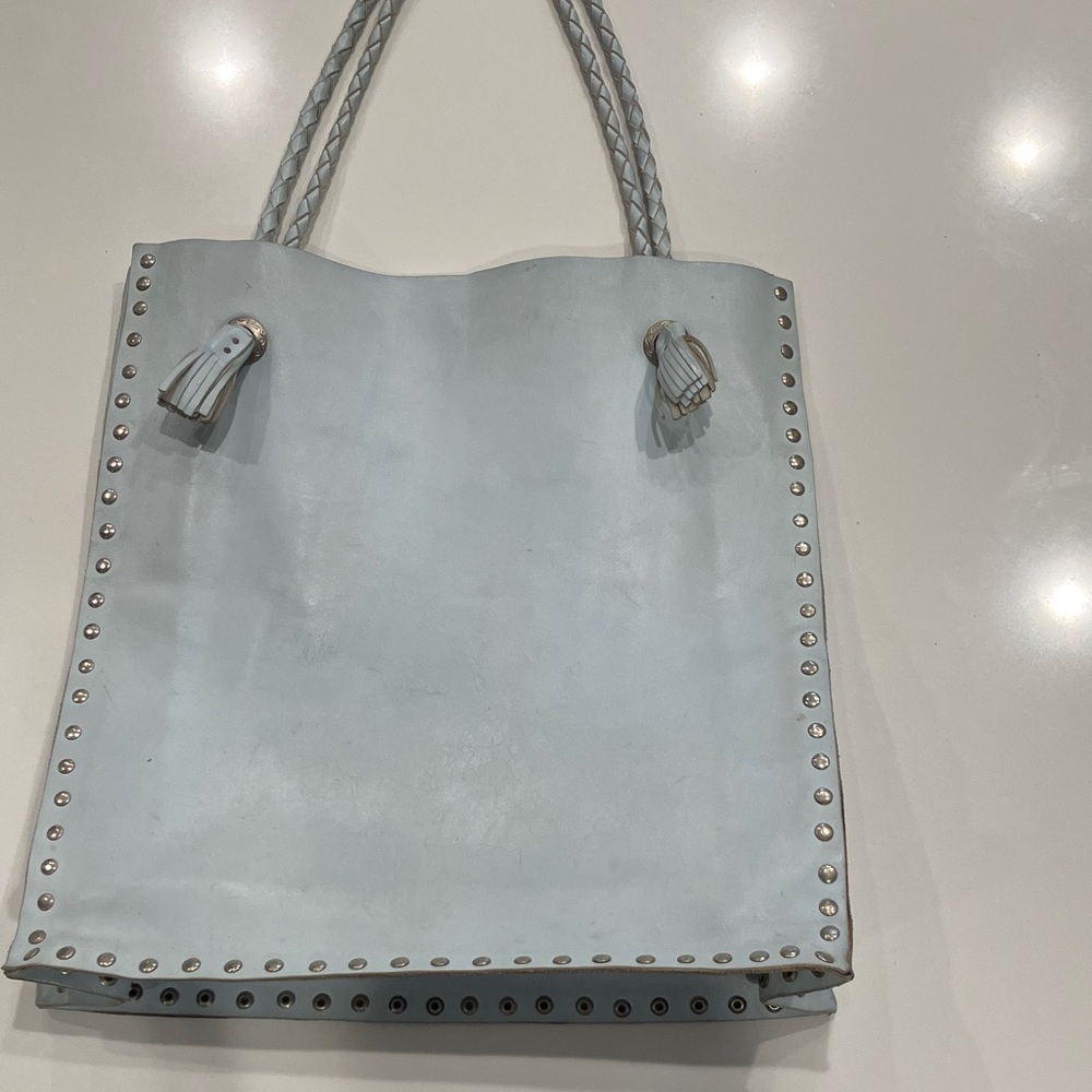 Chic Sky Blue Studded Leather Tote Bag